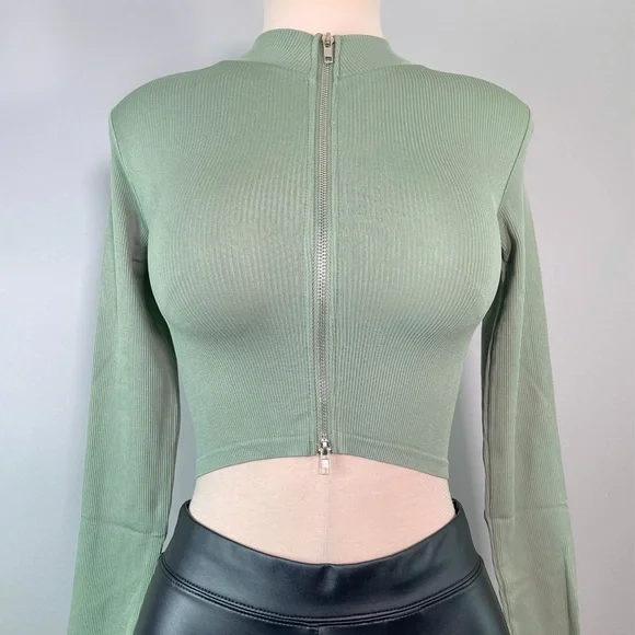 NEW Fashion double zipper crop top - Sage - Picture 1 of 3